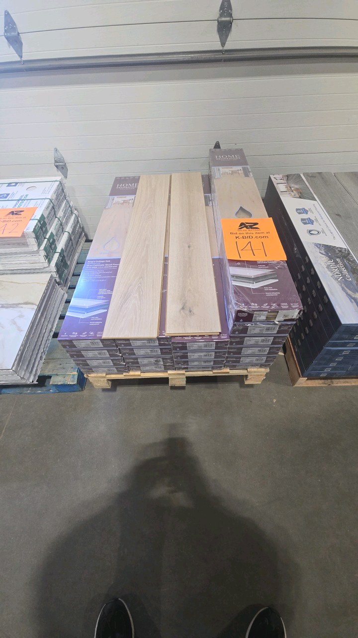 lot 141 image: (18 cases)Home Decorators Collection Kings Cottage Oak 12mm T x 7.56 in. W Waterproof Laminate Wood Flooring (287 sq. ft.)
