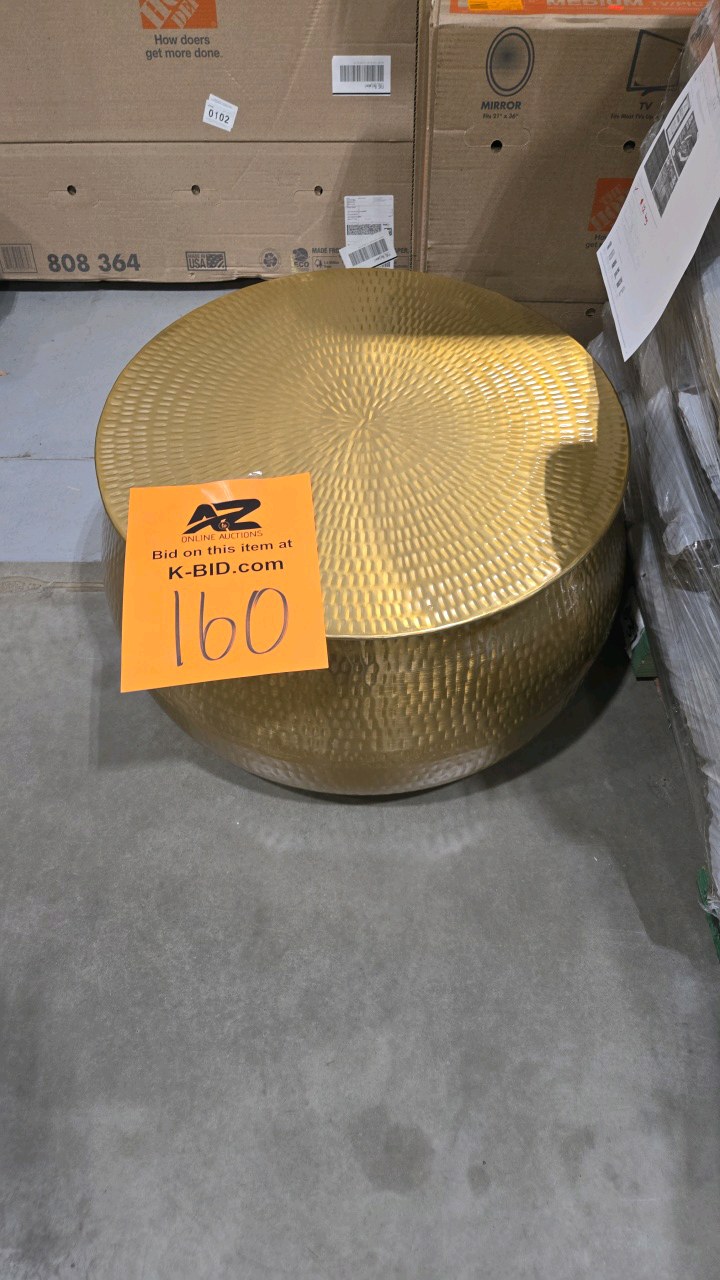 lot 160 image: Calluna 30 in. Gold Round Metal Coffee Table with Lift Top Storage