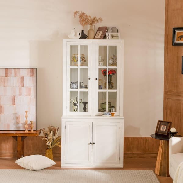 lot 161 image: Polibi White 75.25 in. Accent Cabinet, Pantry Cabinet with Glass Doors, Lattice Windows