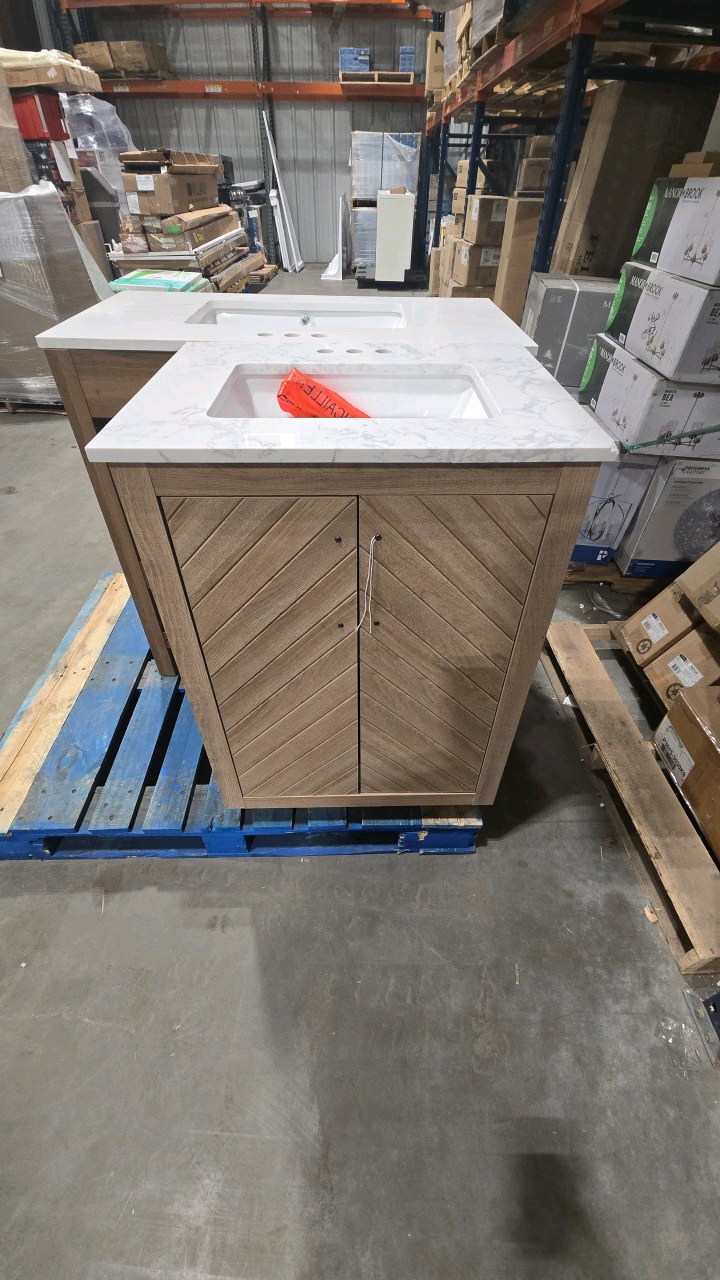 lot 17 image: Glacier Bay Huckleberry 24 in. Single Sink Weathered Tan Bath Vanity with White Engineered Marble Top (Assembled)