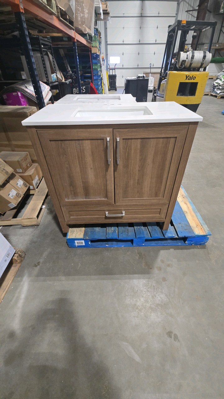 lot 18 image: Moorside 36 in. Single Sink Sweet Maple Bath Vanity with White Engineered Stone Top (Assembled)