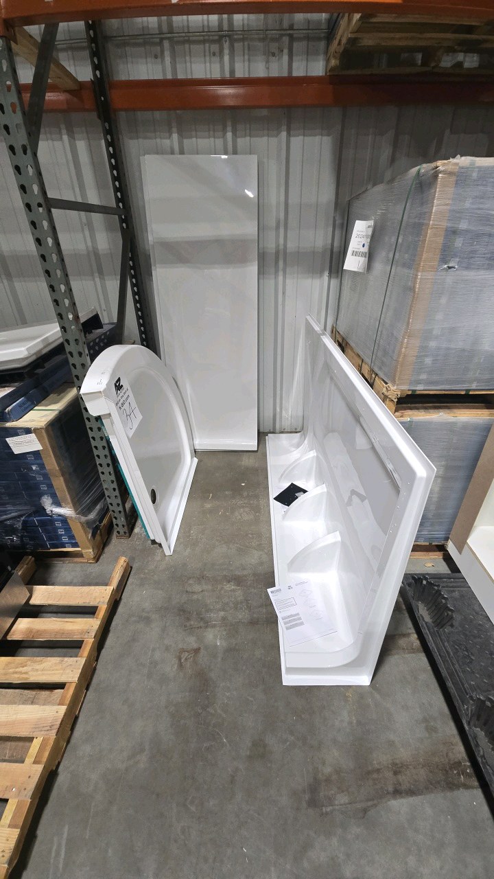 lot 34 image: Delta 38 in. W x 73.88 in. H 2-Piece Direct-to-Stud Corner Shower Wall Surrounds in White---and---- 38 in. x 38 in. Round Corner Shower Pan Base with Corner Drain in White