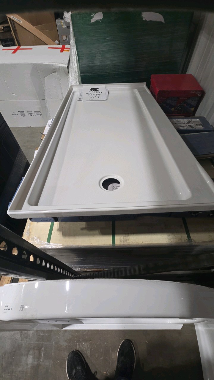 lot 39 image: Classic 500 60 in. L x 30 in. W Alcove Shower Pan Base with Left Drain in High Gloss White