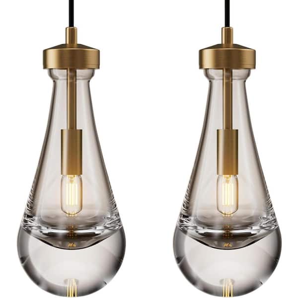 lot 82 image: YUYI 1-Light Modern Gold Chandelier, Pendant Light Kitchen Island with Raindrop Glass Shade (2-Sets)