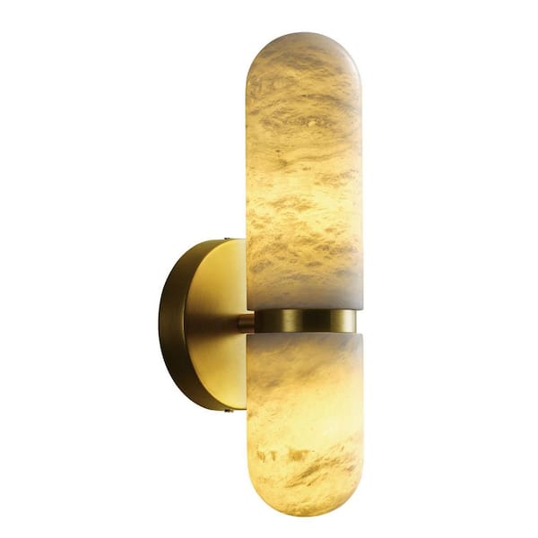lot 91 image: YUYI 13 in. 2-Light Gold Natural Alabaster Wall Sconce Modern Spanish Marble Bathroom Wall Light, Living Room Bedroom Hallway