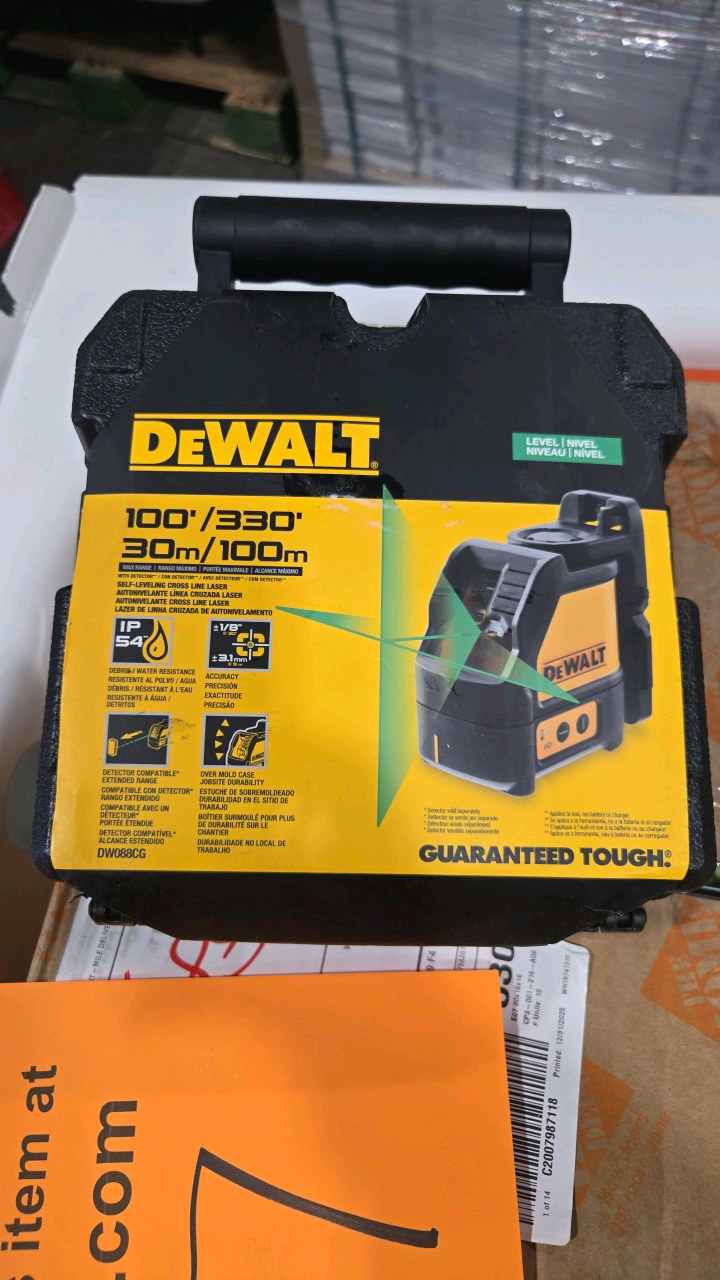 lot 97 image: DEWALT 100 ft. Green Self-Leveling Cross Line Laser Level with (3) AA Batteries & Case