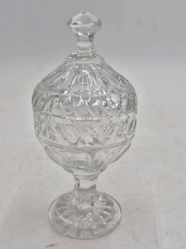 lot 106 image: Vintage Cut Crystal Candy Jar  Diamond Point Pedestal Base