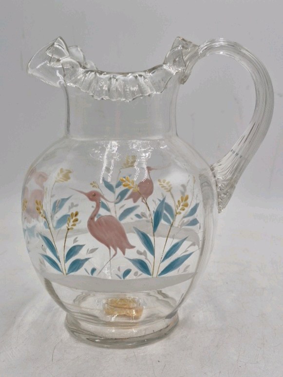 lot 112 image: Vintage Glass Pitcher  Hand-Painted Heron and Foliage Design
