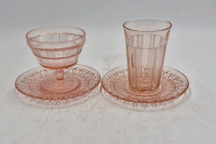 lot 127 image: Vintage Pink Depression Glass Sherbet and Tumbler Set  Ribbed Pattern