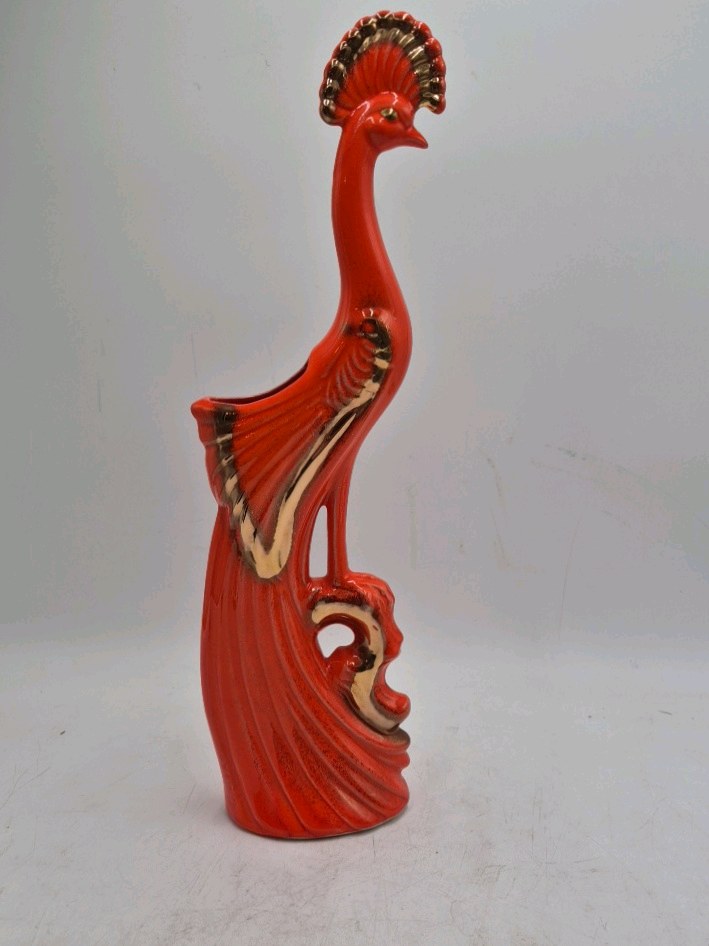 lot 128 image: Vintage Ceramic Peacock Vase  Orange Glaze with Gold Accents