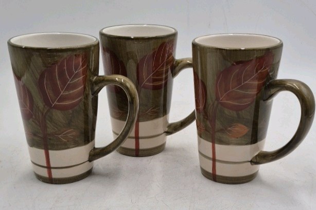 lot 131 image: Pier 1 Imports Leaf Pattern Mugs  Set of 3 Tall