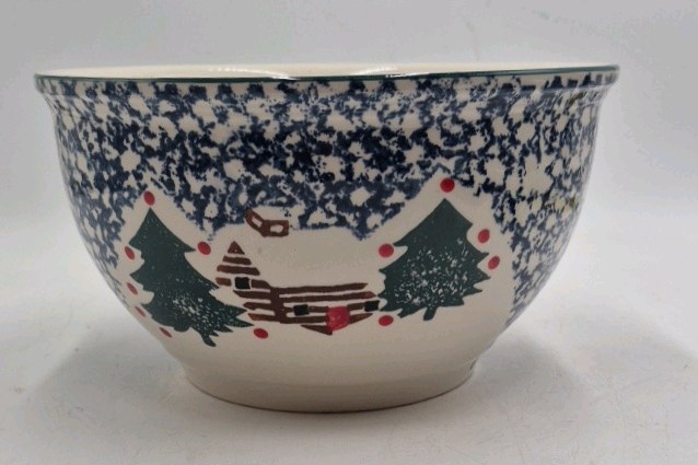 lot 138 image: Cabin in the Snow Mixing Bowl  Folk Craft Christmas Snowman Trees