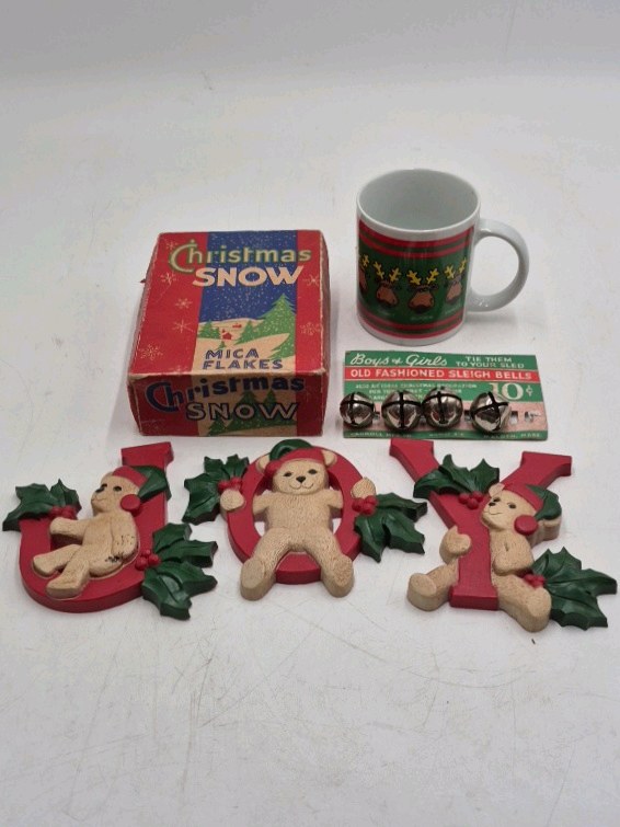 lot 139 image: Vintage Christmas Lot  Mica Snow Box, Sleigh Bells, Bear JOY Wall Decor, Reindeer Mug