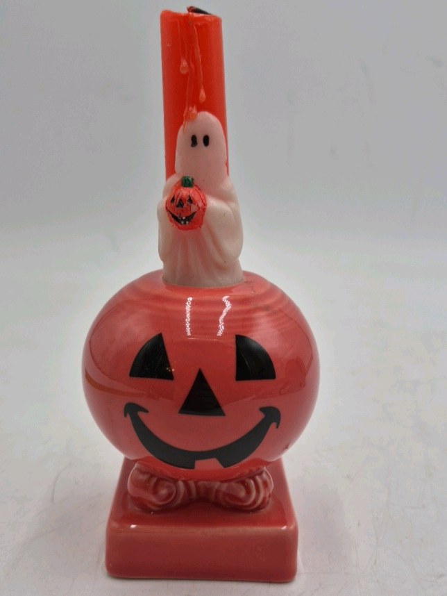 lot 142 image: Vintage Halloween Pumpkin Ghost Candle Holder  Ceramic Jack-o-Lantern Design