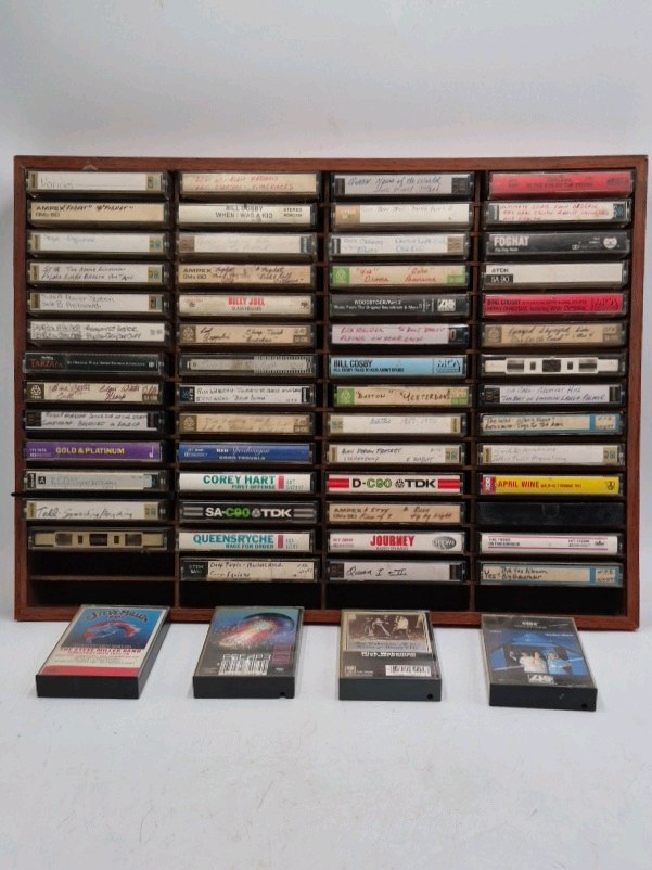 lot 153 image: Vintage Cassette Tape Collection in Wooden Wall Rack  1970s-1980s Rock Pop Mix