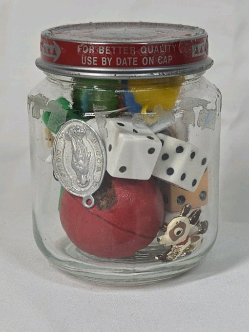 lot 180 image: Vintage Jar of Cracker Jack Style Toy Prizes