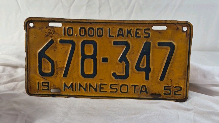 lot 193 image: 1952 Minnesota License Plate  10,000 Lakes Yellow and Black