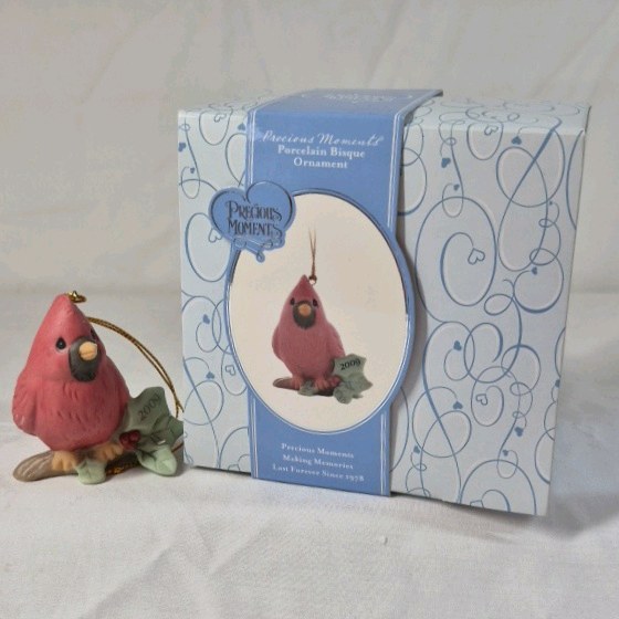 lot 209 image: 2008 Precious Moments Cardinal Ornament  Red Bird with Holly Leaf
