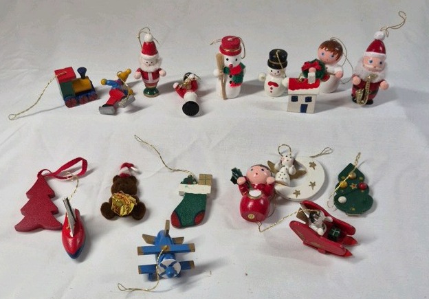 lot 213 image: Vintage Miniature Christmas Ornaments  Mixed Set of Santa, Snowmen, Angels, and Toys