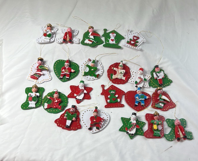 lot 214 image: Vintage Wooden Christmas Ornaments  Painted Elves, Santa, Snowmen, and Shapes