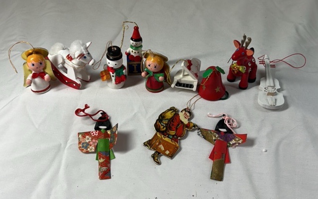 lot 215 image: Vintage Miniature Christmas Ornaments  Mixed Set of Angels, Snowmen, Santa, and Reindeer