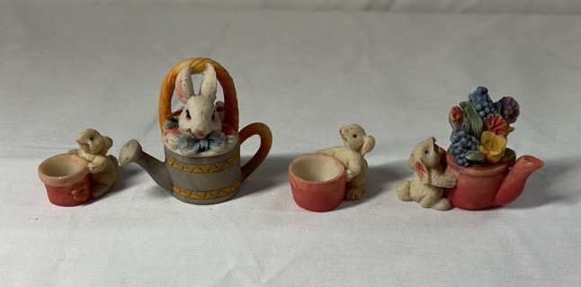 lot 217 image: Miniature Bunny Teapot and Watering Can Figurines  Rabbit Family Set