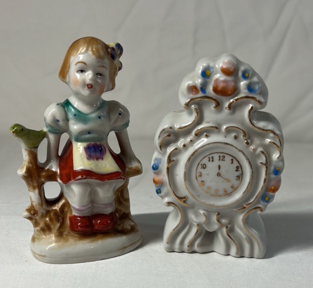 lot 220 image: Occupied Japan Porcelain Figurine and Clock  Girl with Frog and Floral Clock