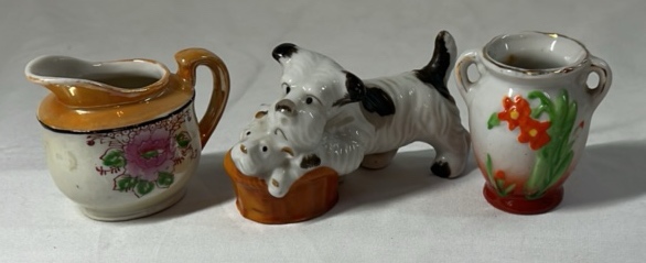 lot 221 image: Occupied Japan Porcelain Miniatures  Creamer, Scottie Dog, and Floral Vase Description Se