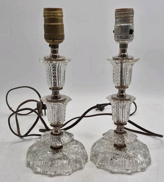 lot 223 image: Pair of Vintage Cut Crystal Boudoir Lamps  Scalloped Bases with Prisms