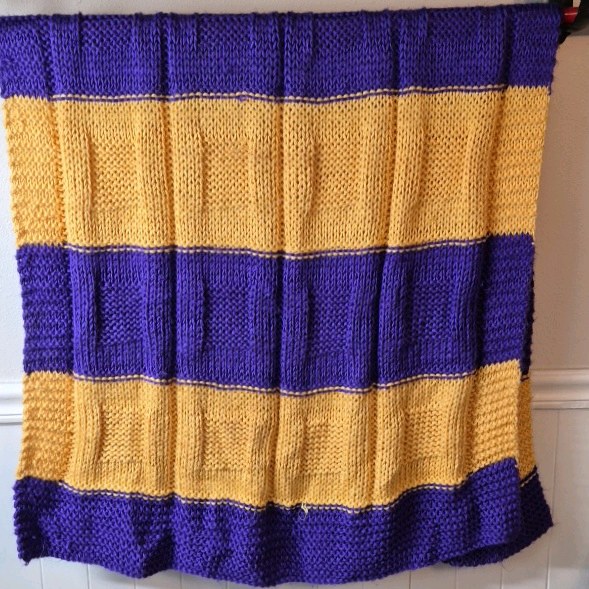 lot 227 image: Vintage Knitted Afghan  Purple and Gold Striped with Textured Panels