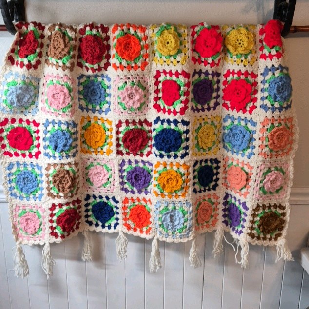 lot 228 image: Vintage Crocheted Granny Square Afghan
