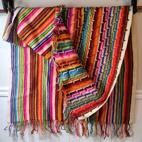 lot 229 image: Vintage Crocheted Striped Afghan  Rainbow Zigzag Pattern with Fringe