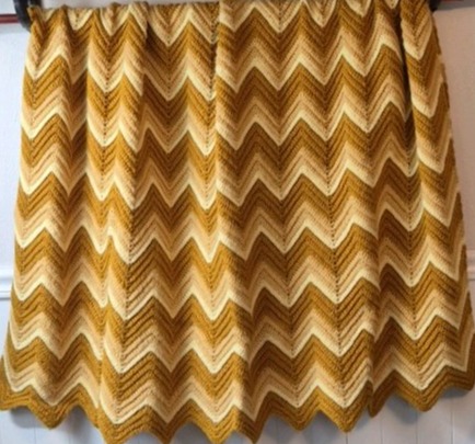 lot 232 image: Vintage Hand-Crocheted Chevron Afghan  Mustard and Beige Tones