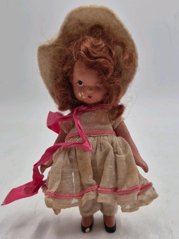 lot 238 image: Vintage Storybook Doll  Rag Doll with Bonnet and Pink Dress