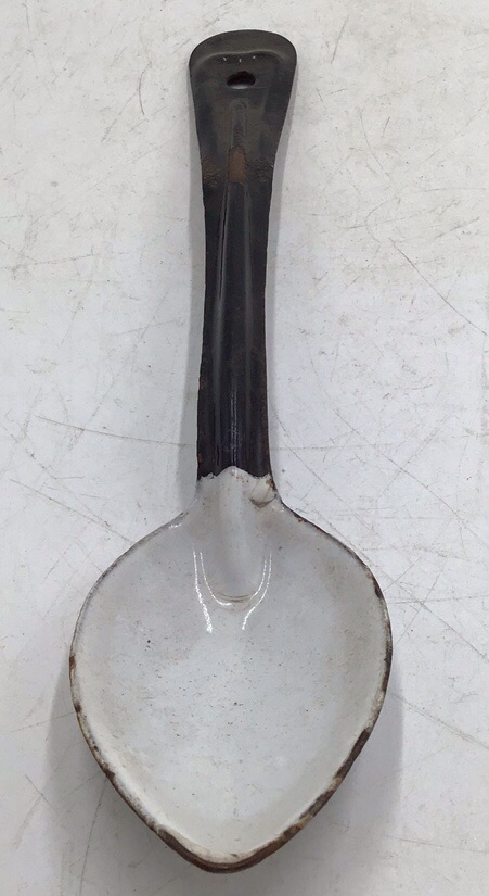 lot 24 image: Vintage White Enamel Spoon  Graniteware with Black Handle