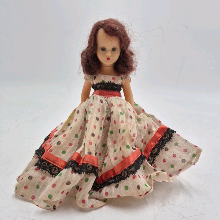 lot 240 image: Vintage Storybook Doll  Polka Dot Dress with Black Lace Trim