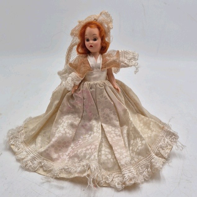 lot 241 image: Vintage Red-Haired Bride Doll  Ivory Lace Gown Veil Long Train