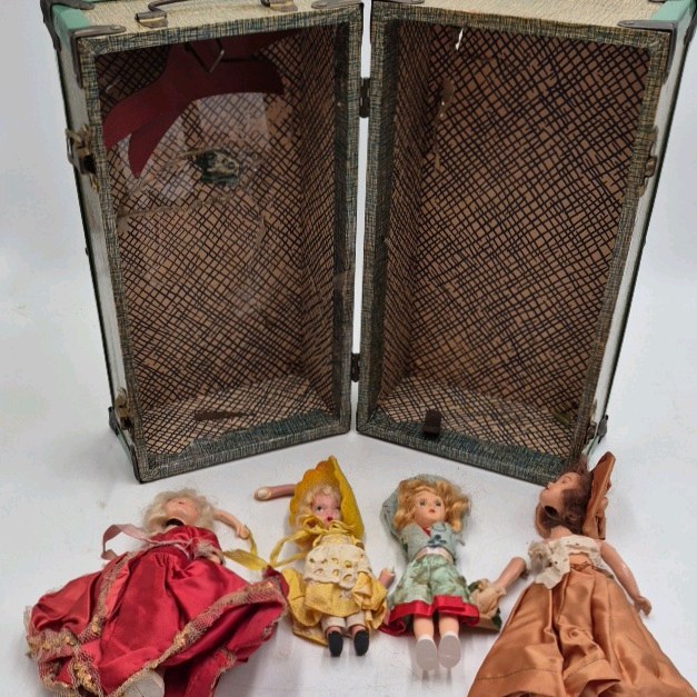 lot 243 image: Vintage Small Dolls in Green Travel Trunk  Mesh Interior and Hinged Lid