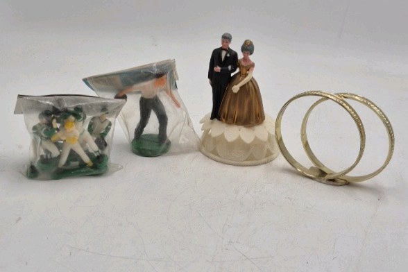 lot 244 image: Vintage Miniature Cake Toppers and Wedding Rings  Bride Groom Bowler and Football Players