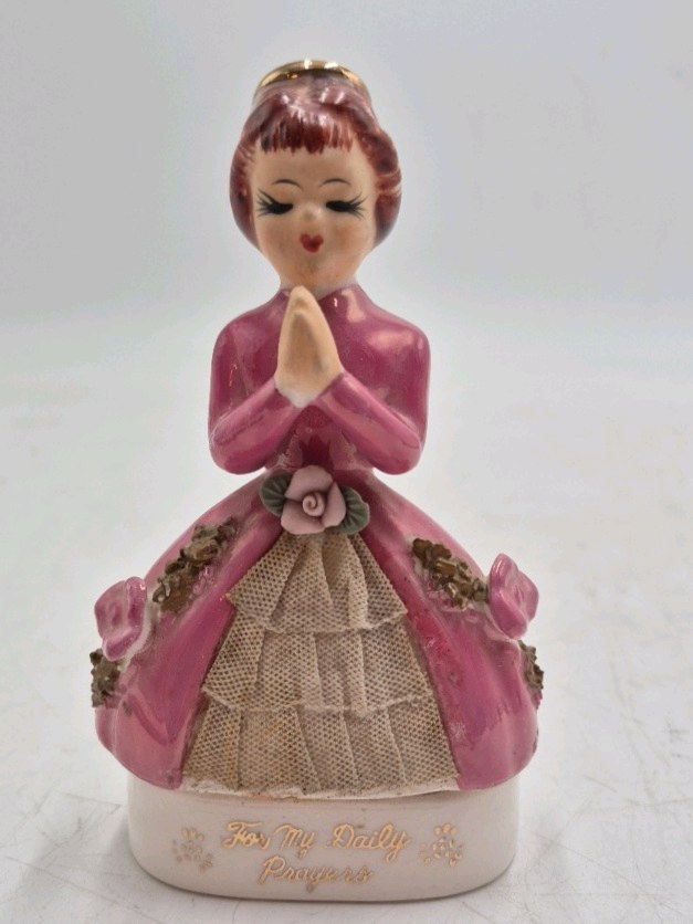 lot 247 image: Occupied Japan Porcelain Praying Girl Figurine  Pink Dress with Rosary Dish