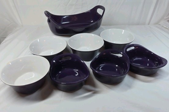 lot 257 image: Rachael Ray Purple and White Stoneware Bakeware Set  Handled Oval Dishes and Bowls