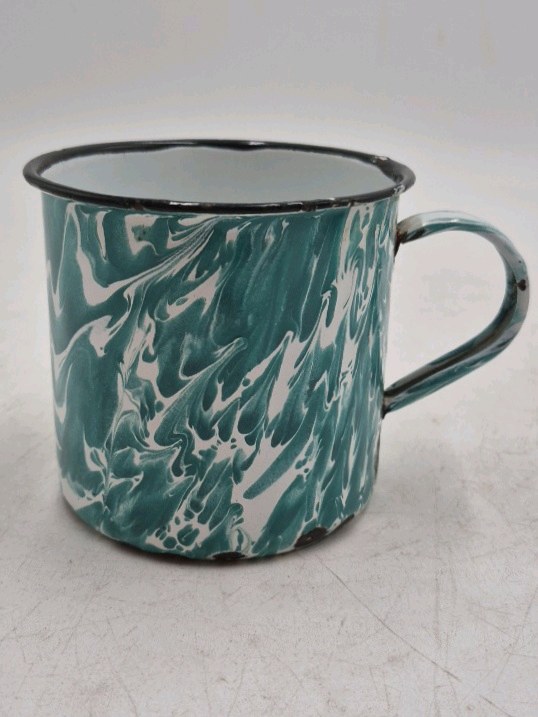 lot 27 image: Vintage Teal Marble Enamel Mug  Graniteware Camp Cup