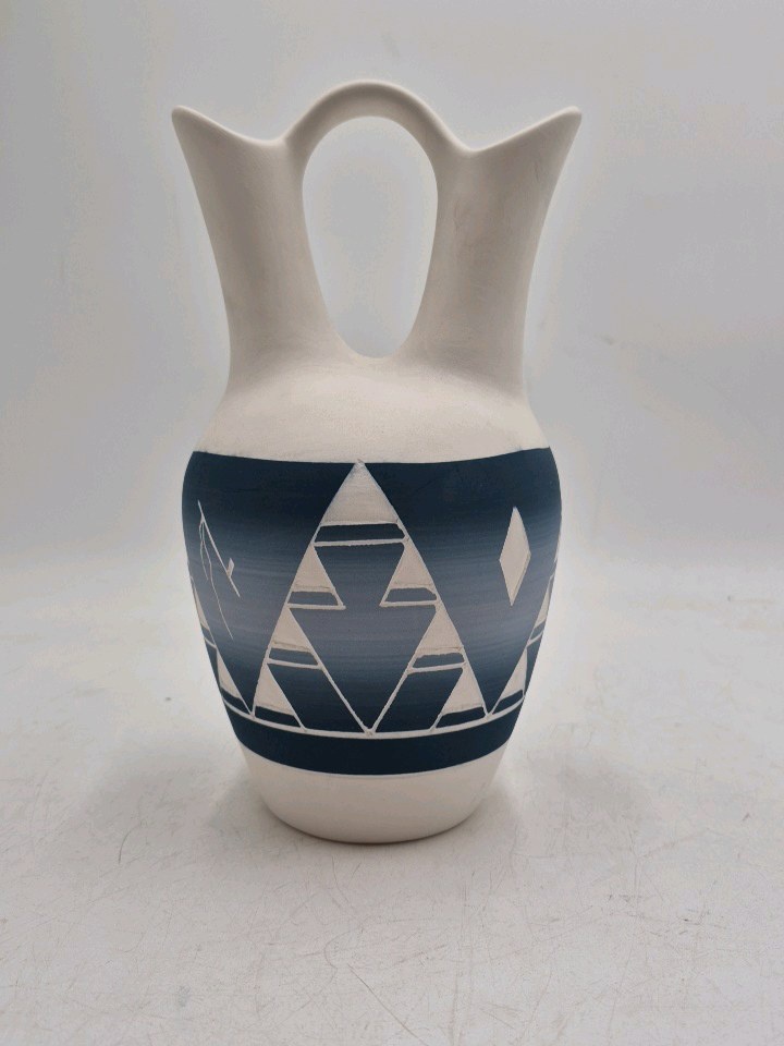 lot 270 image: Handmade Pottery Pitcher  Geometric Blue and White Design Signed