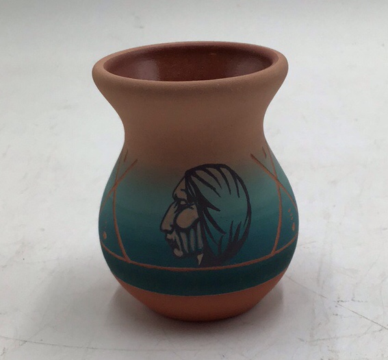 lot 273 image: Vintage Sioux Pottery Vase  Teal Gradient Geometric Crosses Signed