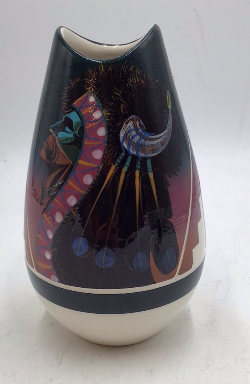 lot 275 image: Vintage Sioux Pottery Vase  Native American Headdress Bison Motif