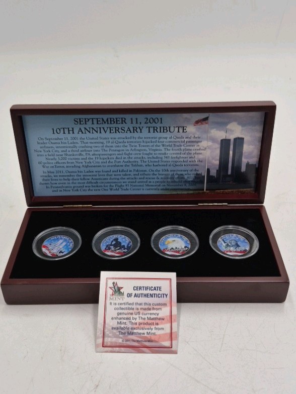 lot 33 image: The Matthew Mint 911 10th Anniversary Tribute Set  4 Colorized Coins in Display Box