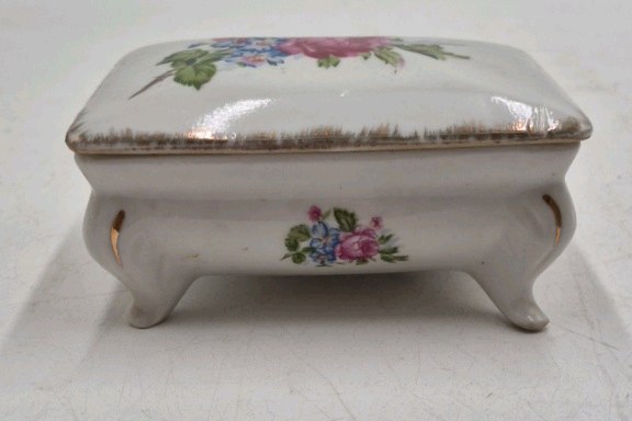 lot 39 image: Vintage Porcelain Trinket Box  Floral Rose Pattern with Gold Trim