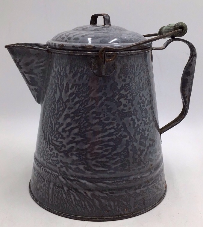 lot 4 image: Vintage Gray Speckled Enamel Coffee Pot  Swinging Lid with Bail Handle