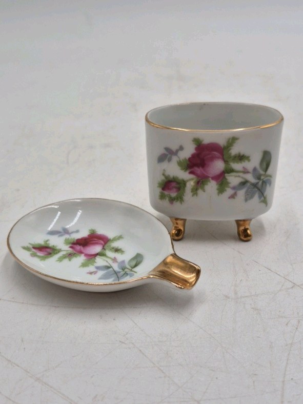 lot 40 image: Vintage Porcelain Mustache Cup and Saucer  Floral Rose Pattern with Gold Trim