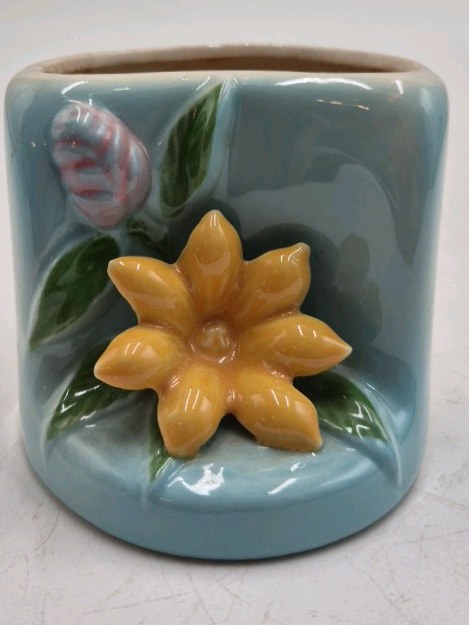 lot 44 image: Vintage Ceramic Flower Pot  Blue Glaze with Raised Floral Relief